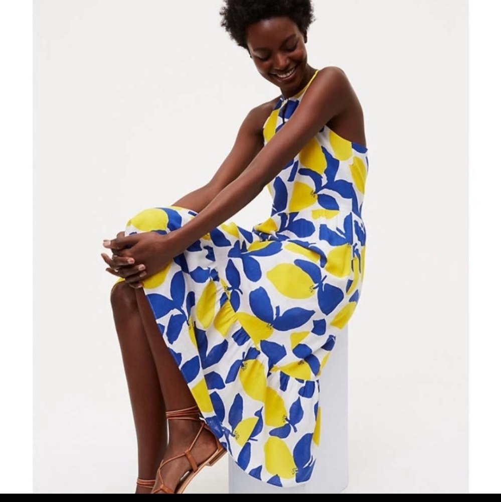Loft lemon print linen blend dress size 8